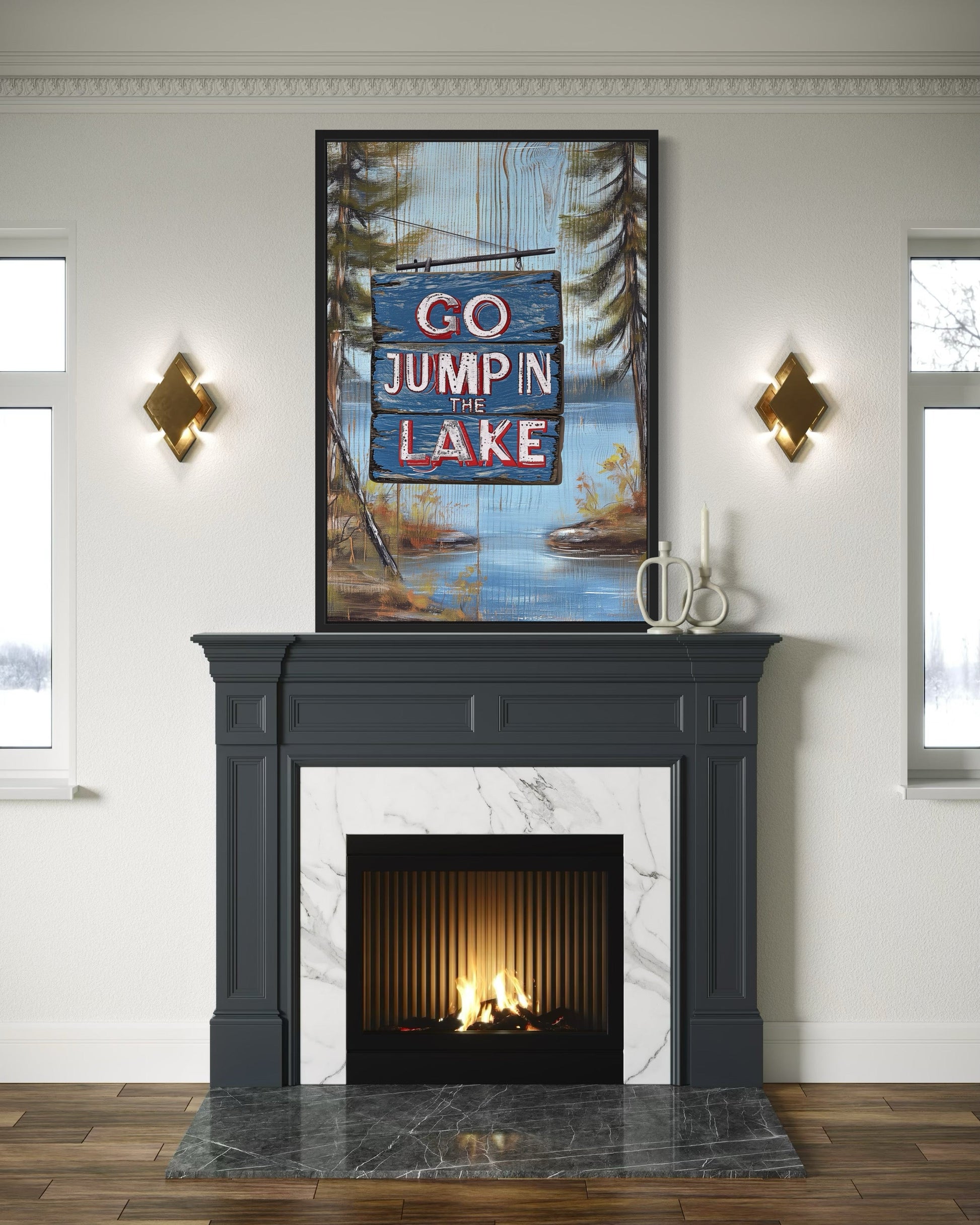 Go Jump In The Lake Rustic Lake House Framed Canvas Wall Art