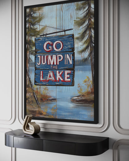 Go Jump In The Lake Rustic Lake House Framed Canvas Wall Art