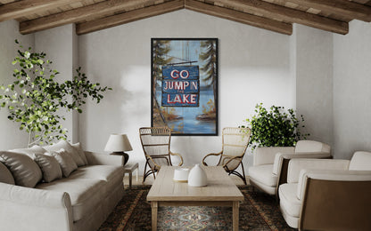 Go Jump In The Lake Rustic Lake House Framed Canvas Wall Art