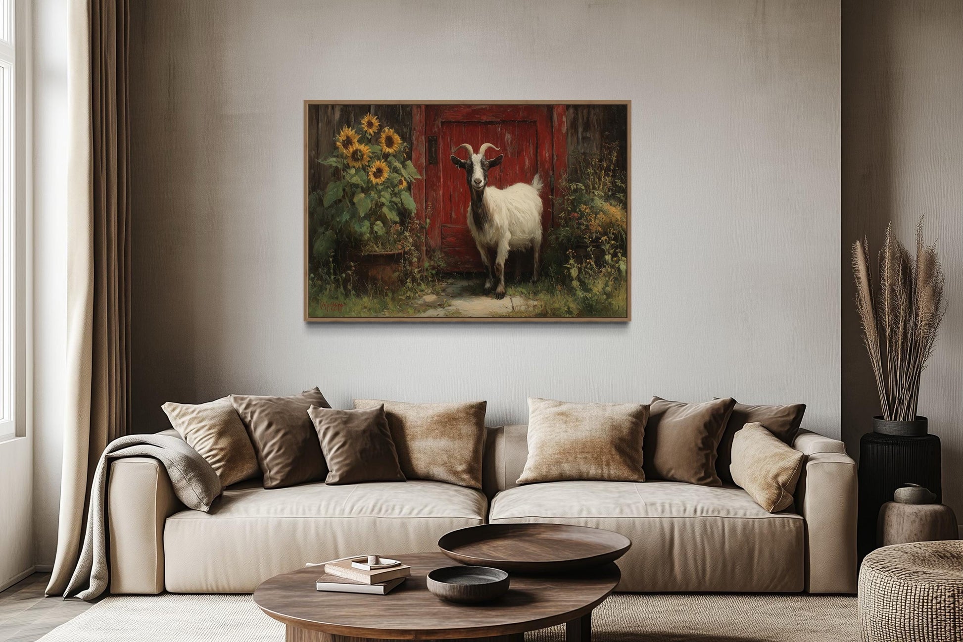 Goat With Sunflowers and Red Barn Door Painting Canvas Wall Art