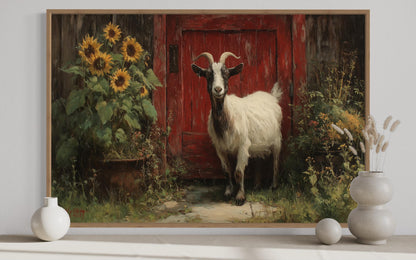 Goat With Sunflowers and Red Barn Door Painting Canvas Wall Art