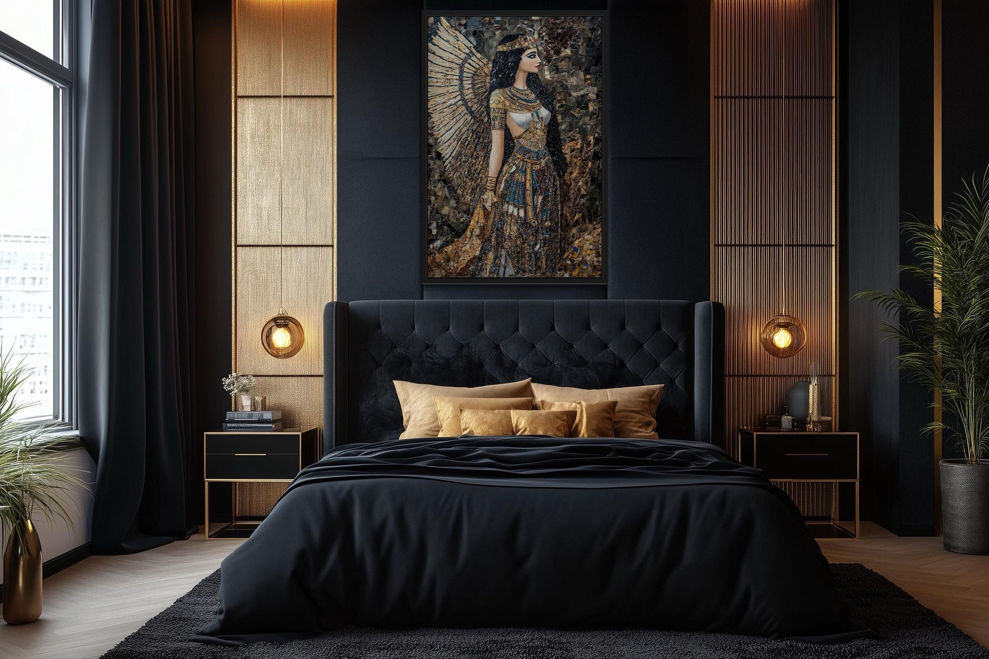 Goddess Isis Mosaic Style Egyptian Framed Canvas Wall Art