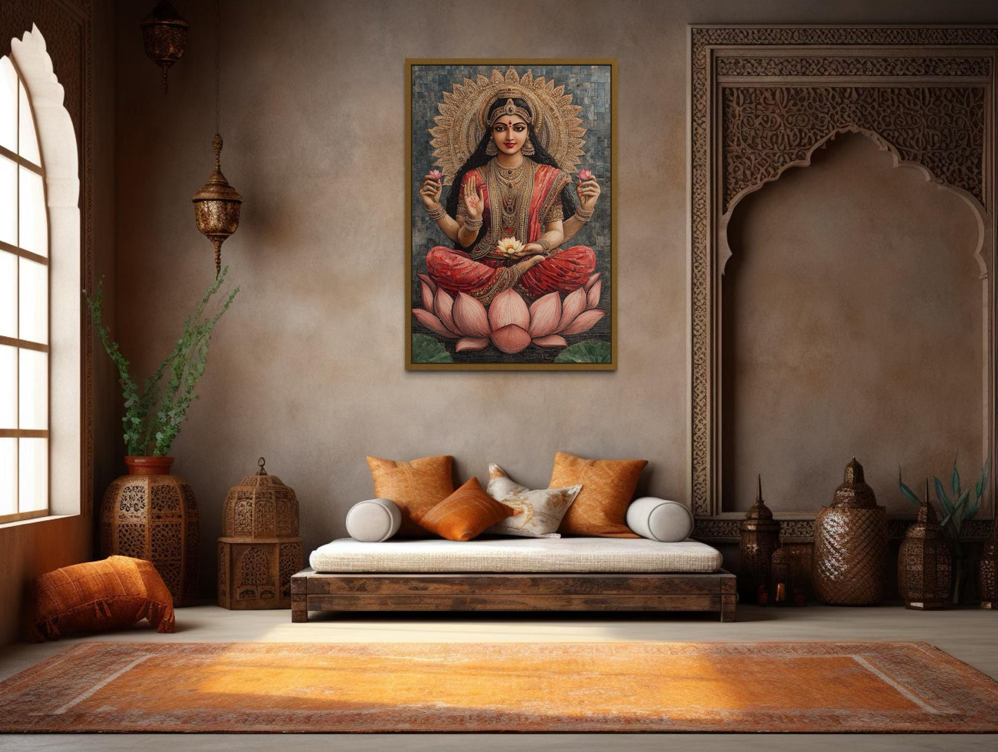 Goddess Lakshmi And Lotus Flower Mosaic Style Indian Wall Art