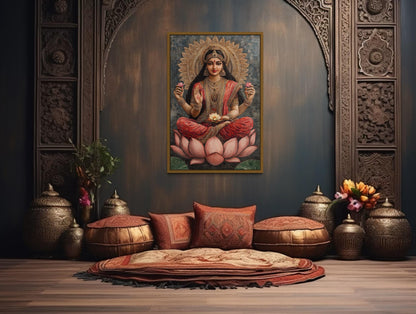 Goddess Lakshmi And Lotus Flower Mosaic Style Indian Wall Art