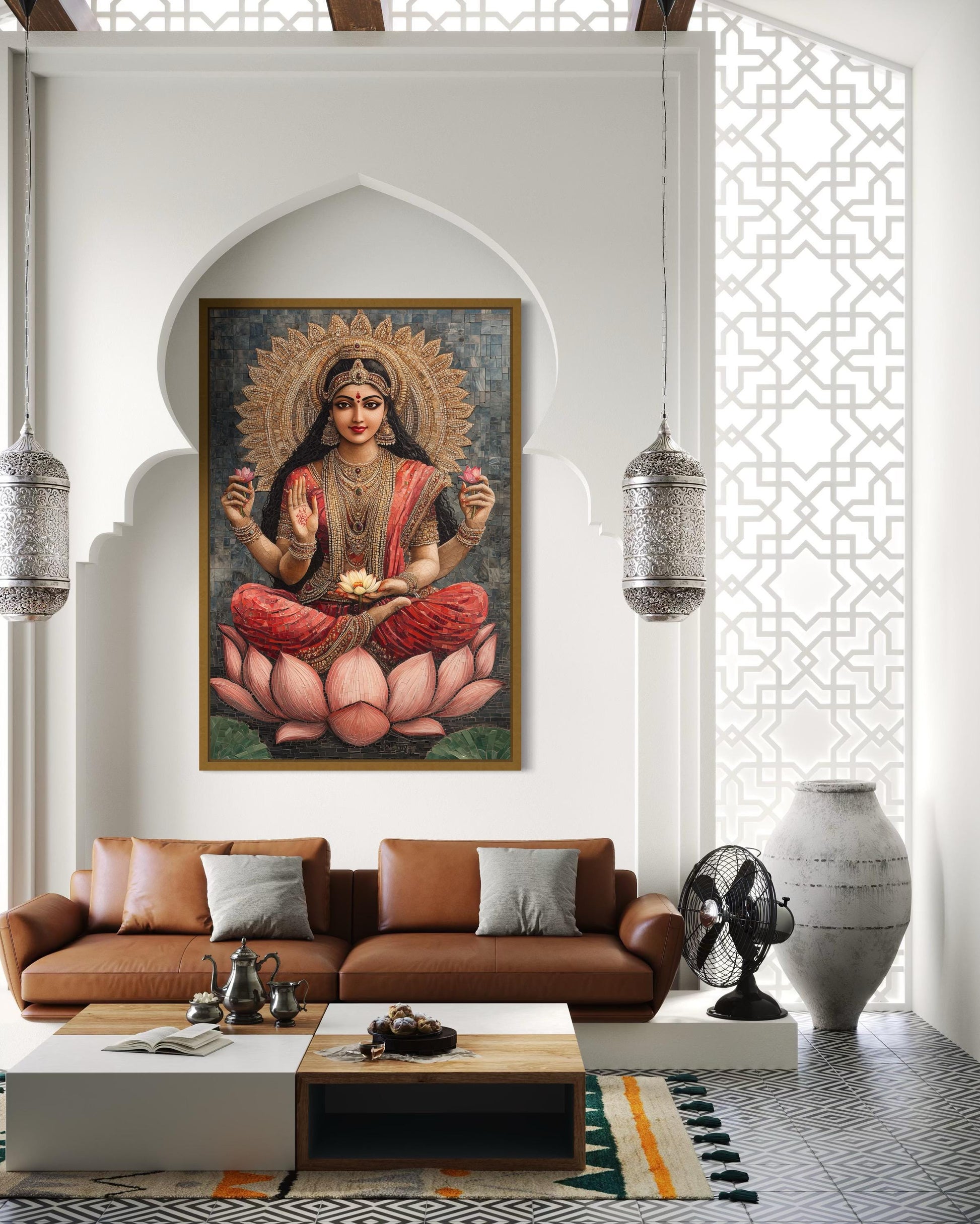 Goddess Lakshmi And Lotus Flower Mosaic Style Indian Wall Art
