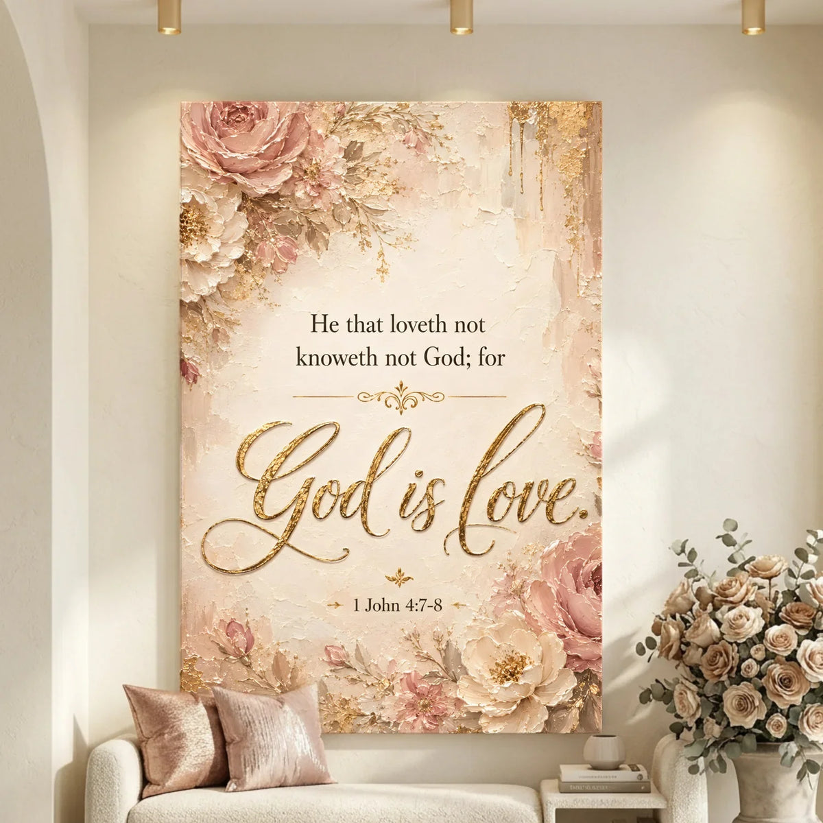 Decorative wall art with floral design and Bible verse in a living room setting.
God Is Love - 1 John 4:7-8