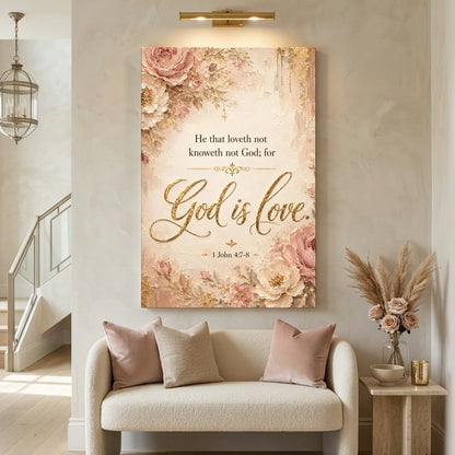 Floral wall art with inspirational quote above a beige sofa in a living room.
God Is Love - 1 John 4:7-8