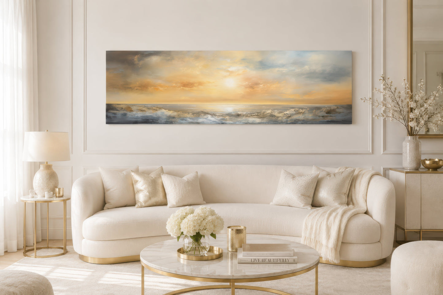 Gold And Silver Abstract Ocean Sunset Long Horizontal Over Bed Wall Art
