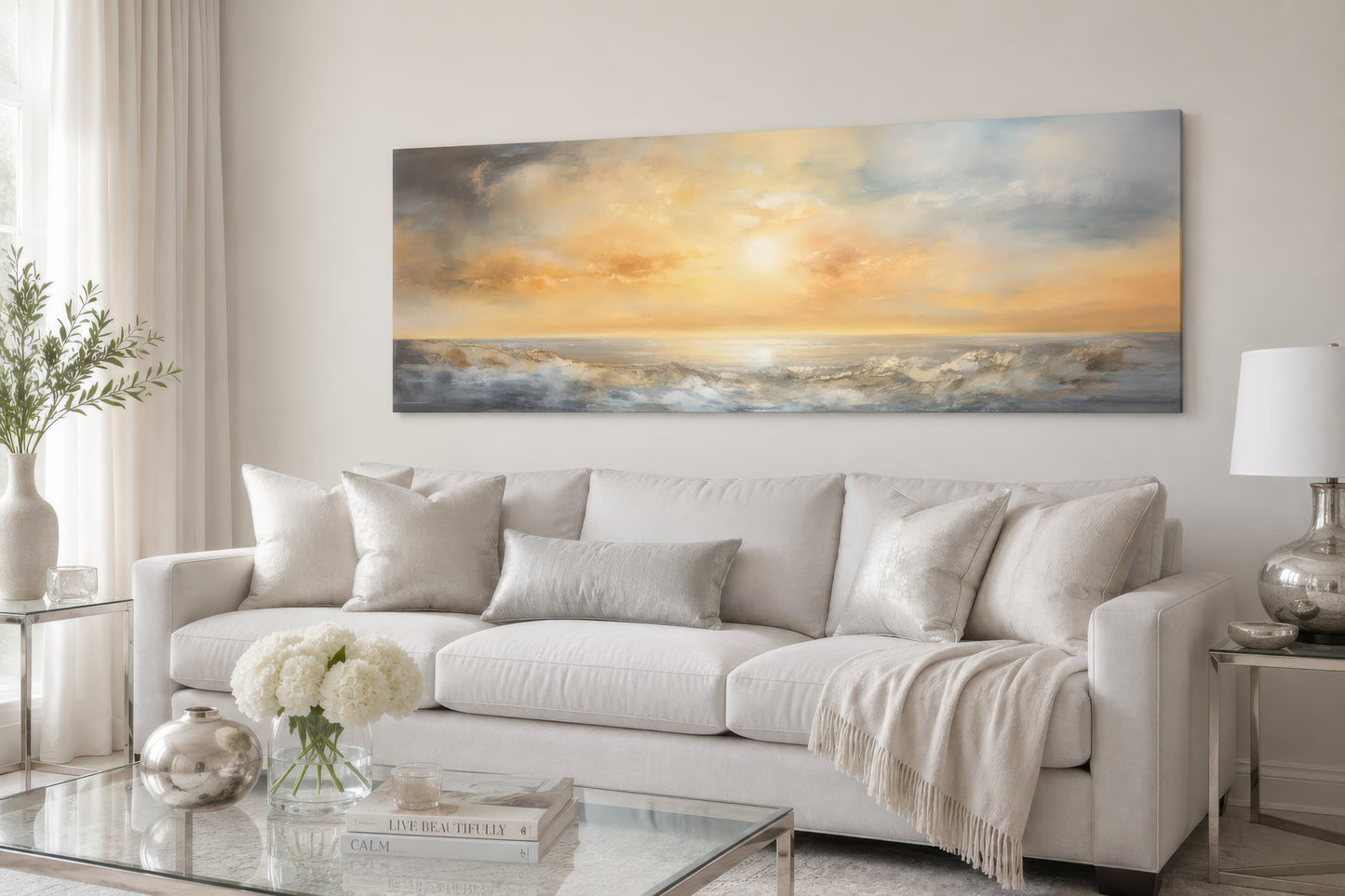 Gold And Silver Abstract Ocean Sunset Long Horizontal Over Bed Wall Art