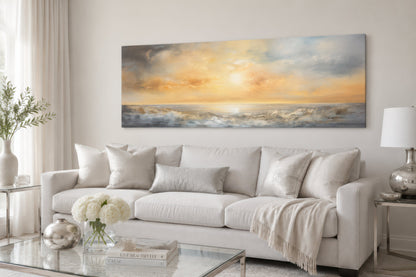 Gold And Silver Abstract Ocean Sunset Long Horizontal Over Bed Wall Art