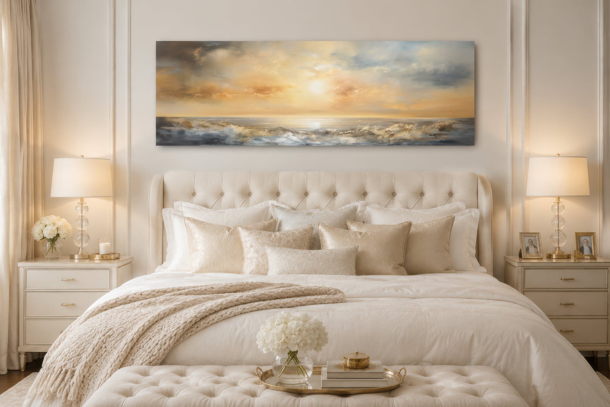 Gold And Silver Abstract Ocean Sunset Long Horizontal Over Bed Wall Art