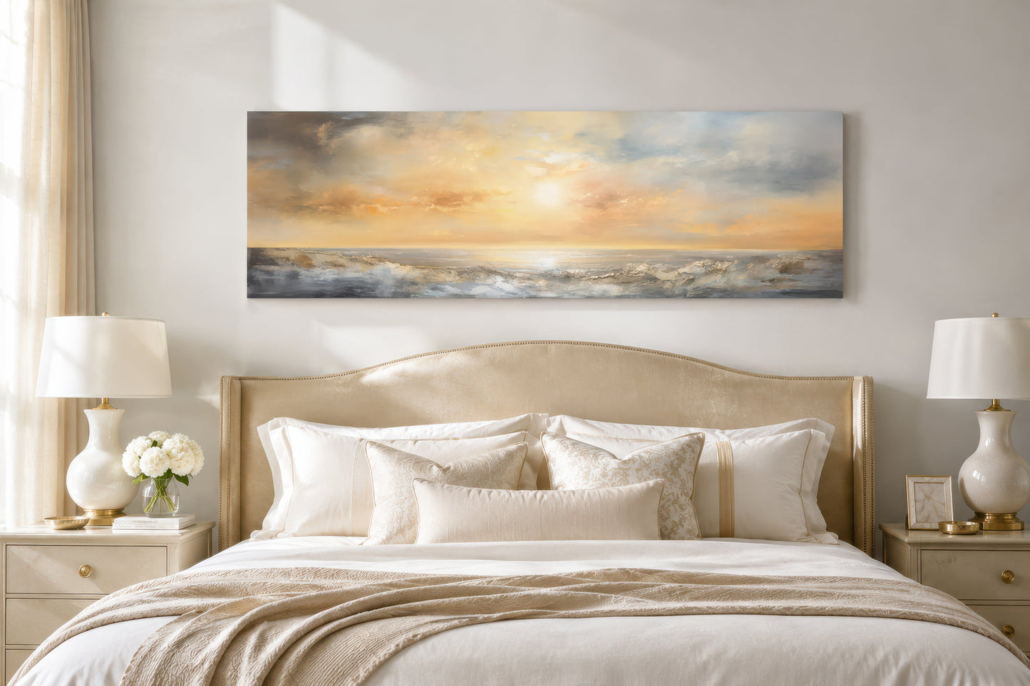 Gold And Silver Abstract Ocean Sunset Long Horizontal Over Bed Wall Art