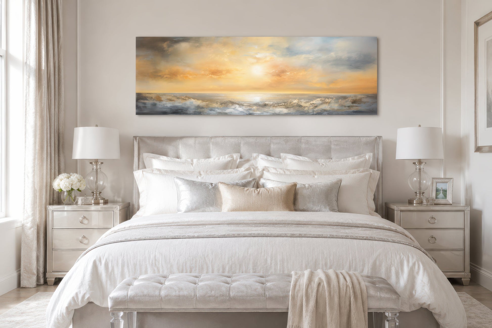 Gold And Silver Abstract Ocean Sunset Long Horizontal Over Bed Wall Art