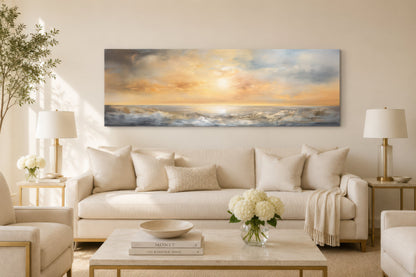 Gold And Silver Abstract Ocean Sunset Long Horizontal Over Bed Wall Art