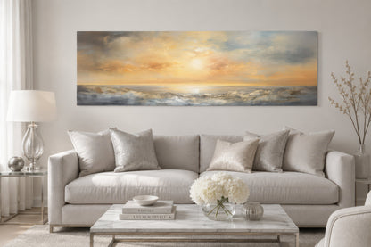 Gold And Silver Abstract Ocean Sunset Long Horizontal Over Bed Wall Art