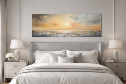 Gold And Silver Abstract Ocean Sunset Long Horizontal Over Bed Wall Art