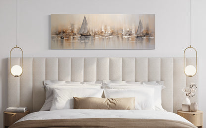 Gold And Silver Abstract Sail Boats in Ocean Long Horizontal Above Bed Coastal Wall Art