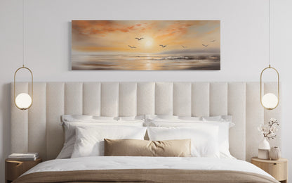 Gold And Silver Beach Sunset Seascape With Birds Narrow Horizontal Wall Art