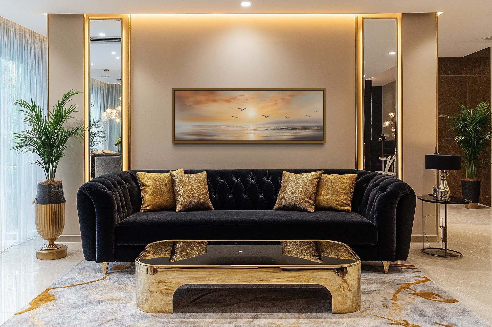 Gold And Silver Beach Sunset Seascape With Birds Narrow Horizontal Wall Art
