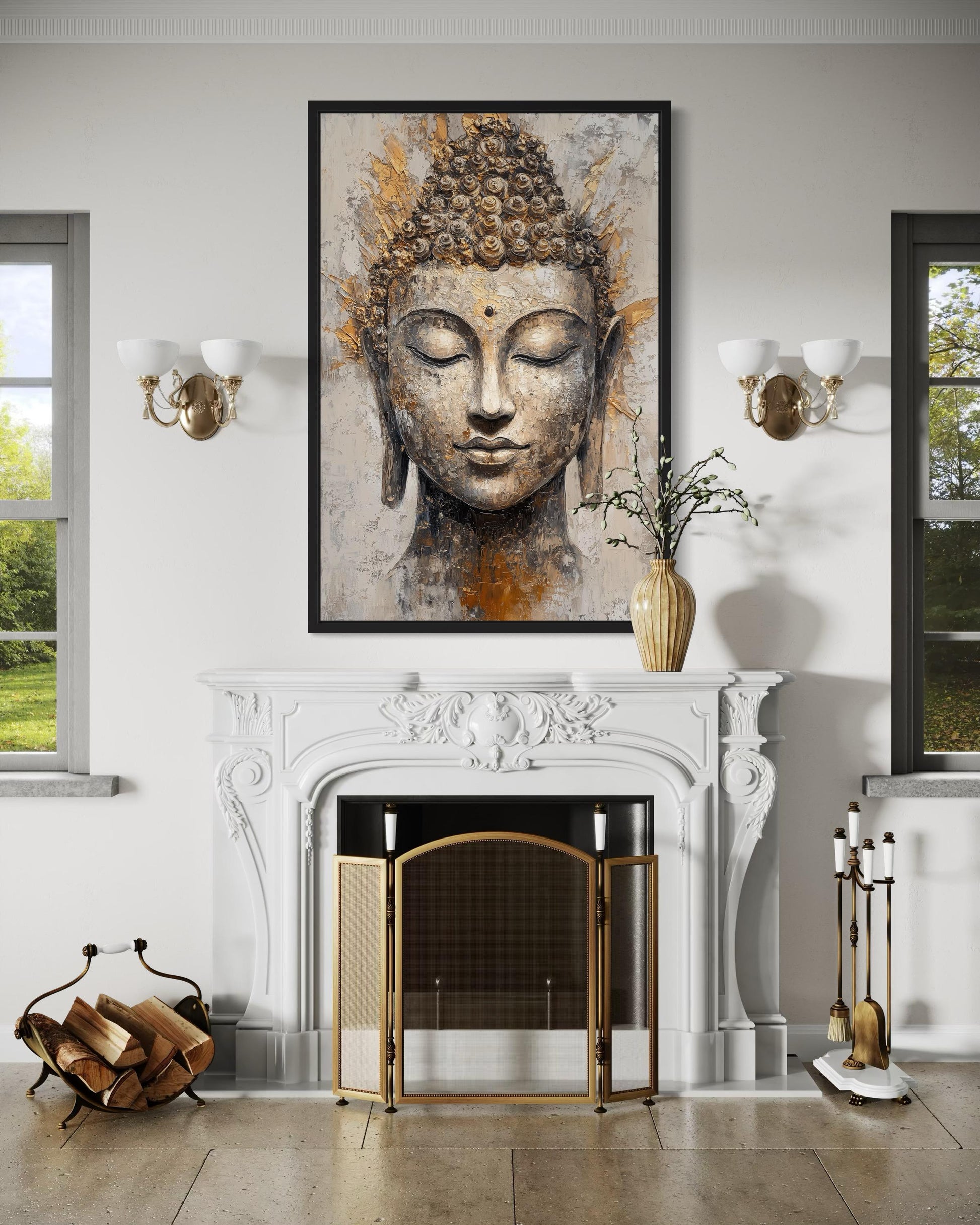 Gold And Silver Buddha Portrait Abstract Zen Wall Decor Canvas Wall Art