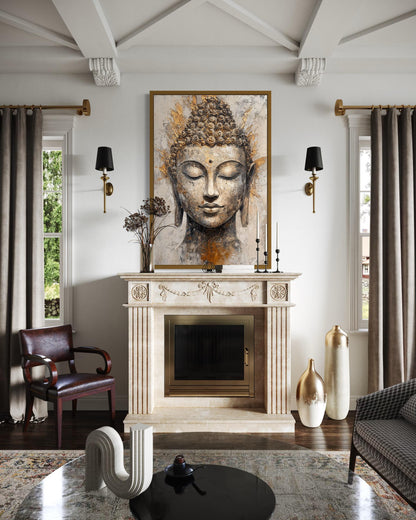 Gold And Silver Buddha Portrait Abstract Zen Wall Decor Canvas Wall Art