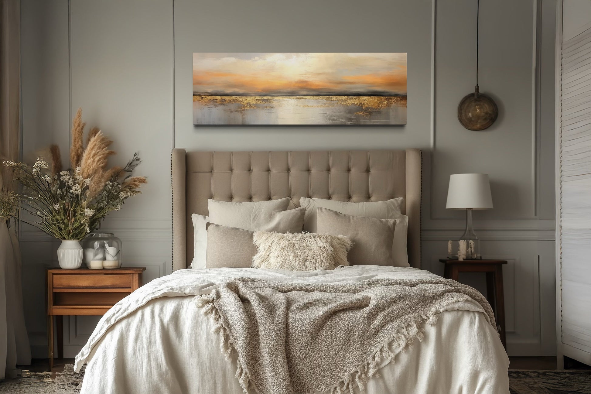 Gold And Silver Ocean Sunset Long Horizontal Above Couch Or Bed Wall Art