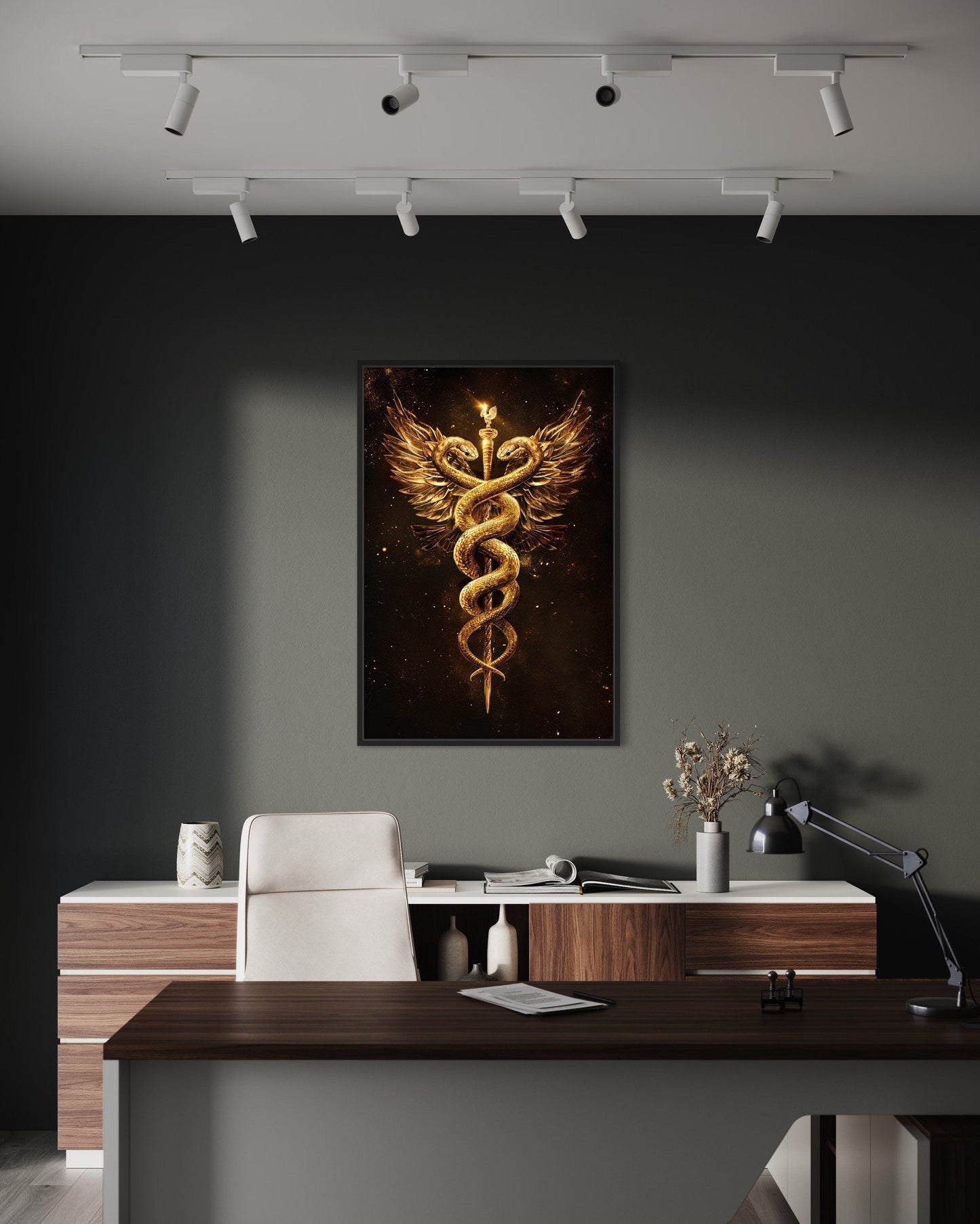Gold Black Caduceus Framed Canvas Wall Art