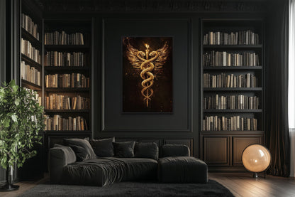 Gold Black Caduceus Framed Canvas Wall Art