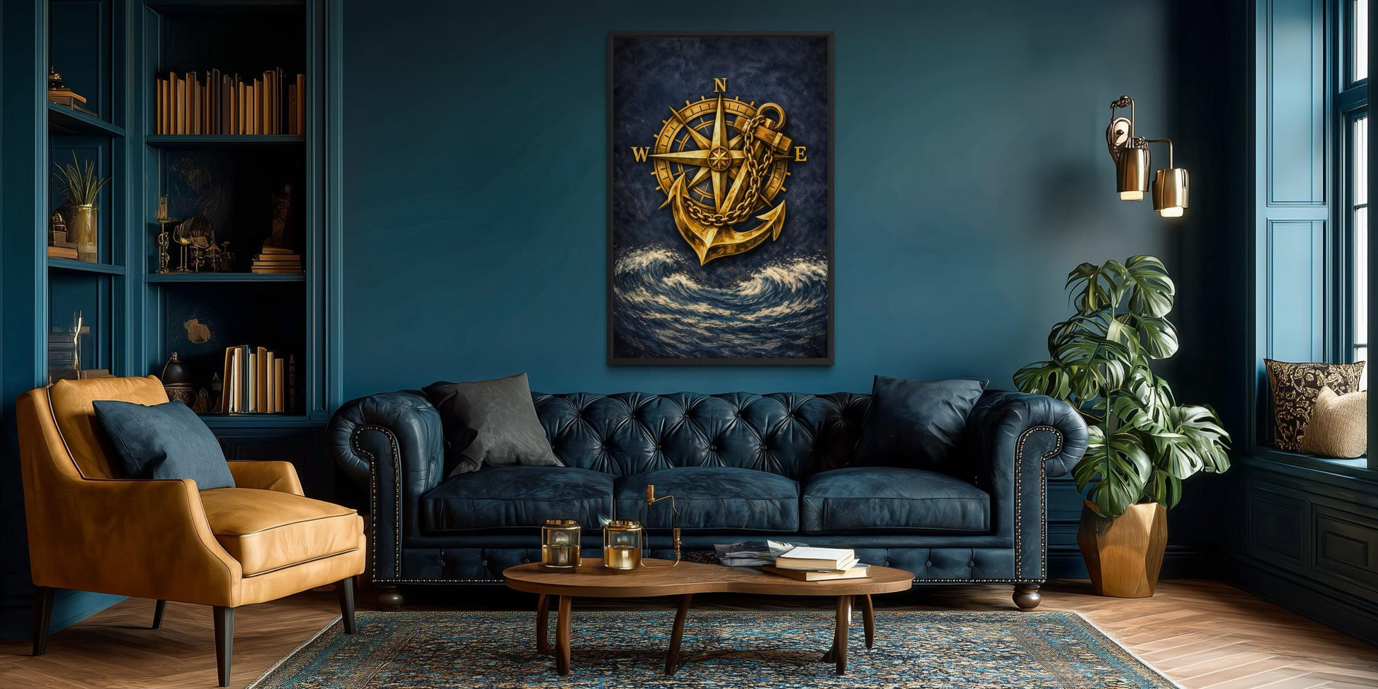 Gold Compass And Anchor With Navy Blue Ocean Canvas Wall Art For Nautical Decor