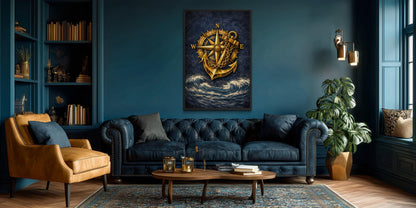 Gold Compass And Anchor With Navy Blue Ocean Canvas Wall Art For Nautical Decor