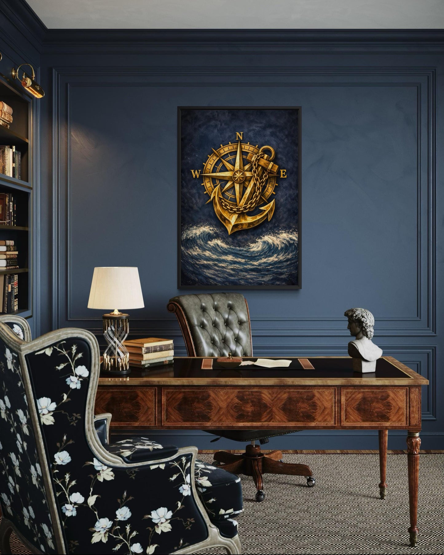 Gold Compass And Anchor With Navy Blue Ocean Canvas Wall Art For Nautical Decor