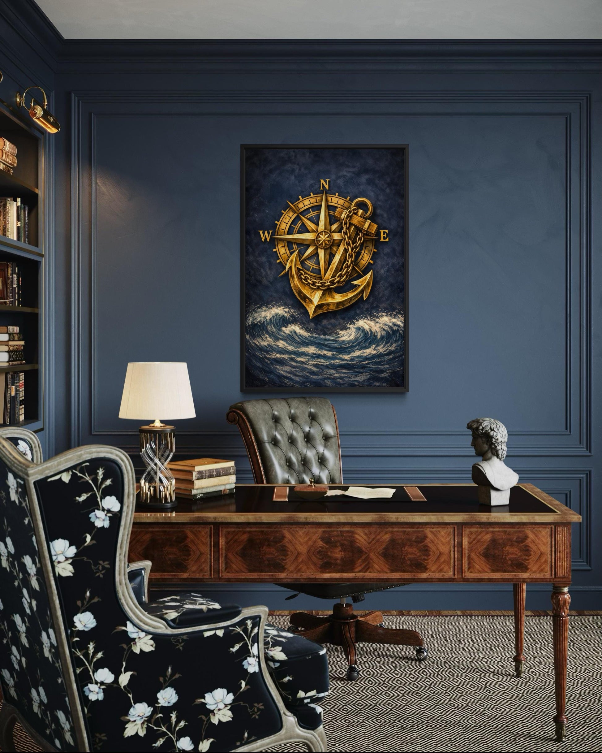 Gold Compass And Anchor With Navy Blue Ocean Canvas Wall Art For Nautical Decor