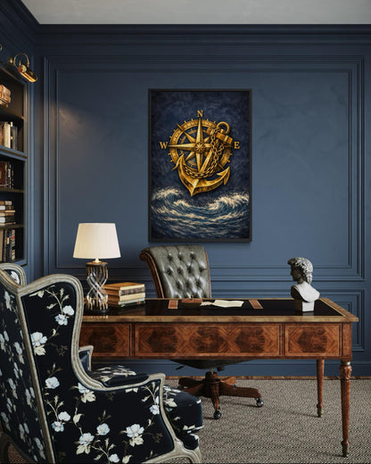Gold Compass And Anchor With Navy Blue Ocean Canvas Wall Art For Nautical Decor