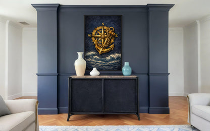 Gold Compass And Anchor With Navy Blue Ocean Canvas Wall Art For Nautical Decor