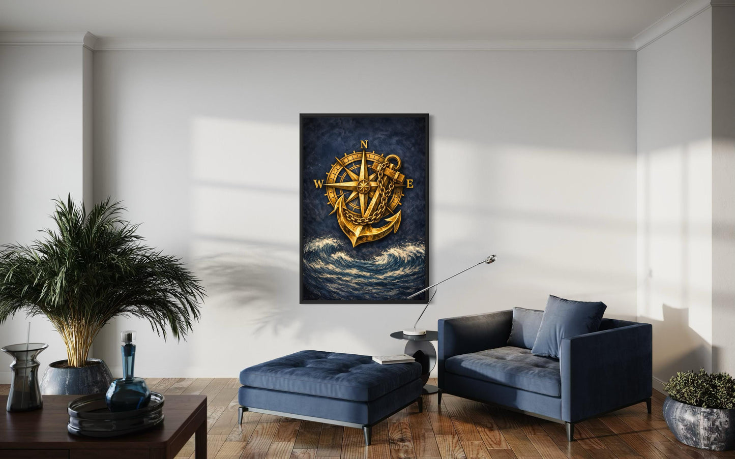 Gold Compass And Anchor With Navy Blue Ocean Canvas Wall Art For Nautical Decor