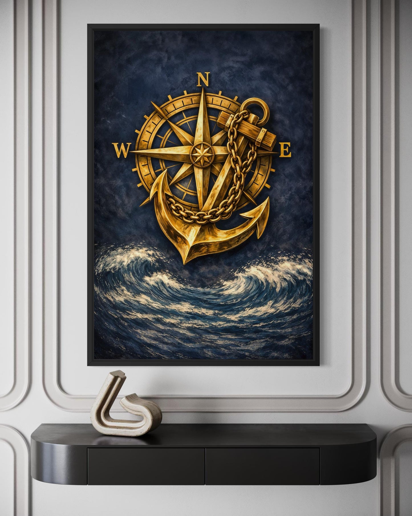 Gold Compass And Anchor With Navy Blue Ocean Canvas Wall Art For Nautical Decor