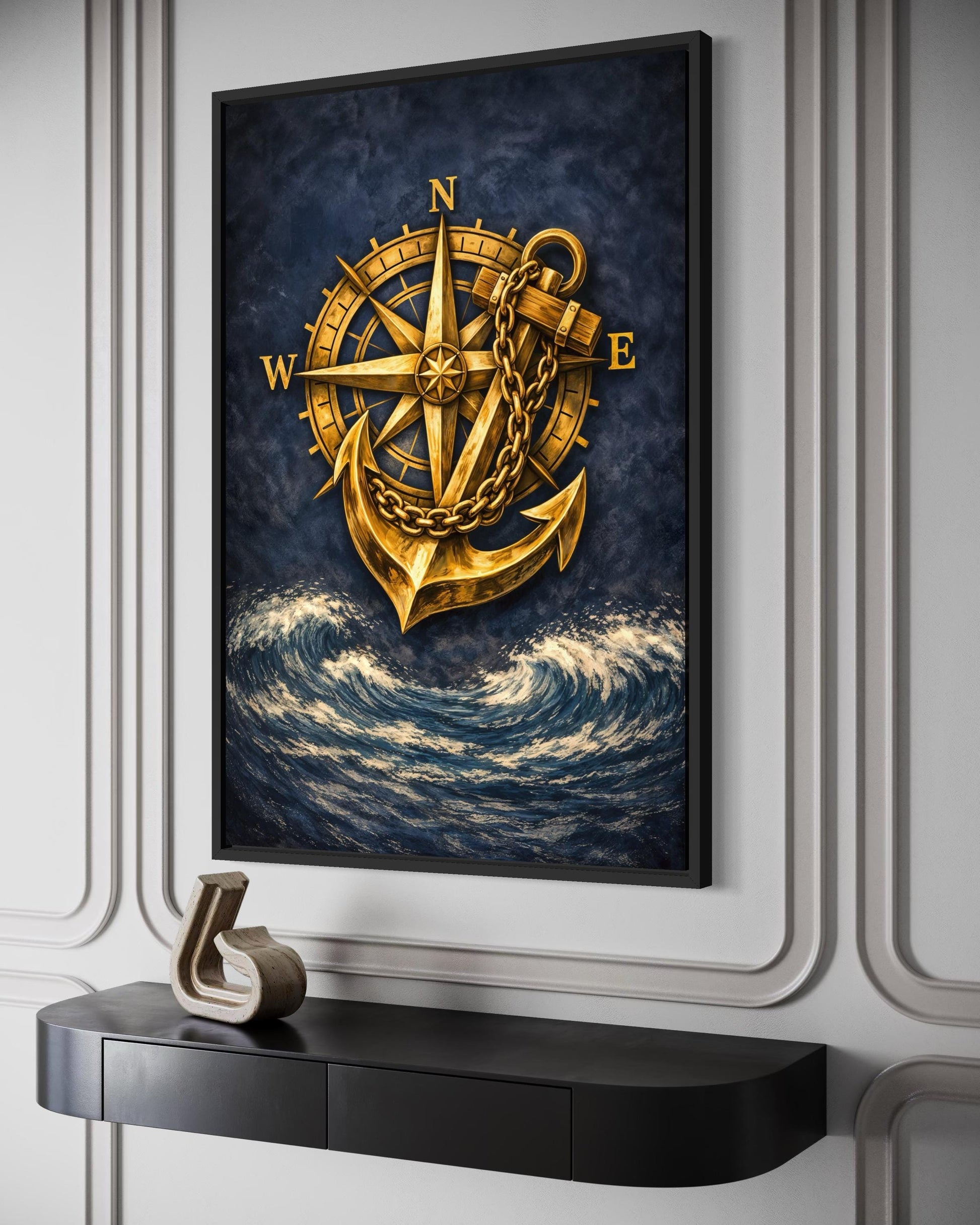 Gold Compass And Anchor With Navy Blue Ocean Canvas Wall Art For Nautical Decor