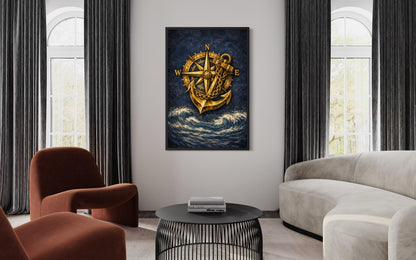 Gold Compass And Anchor With Navy Blue Ocean Canvas Wall Art For Nautical Decor