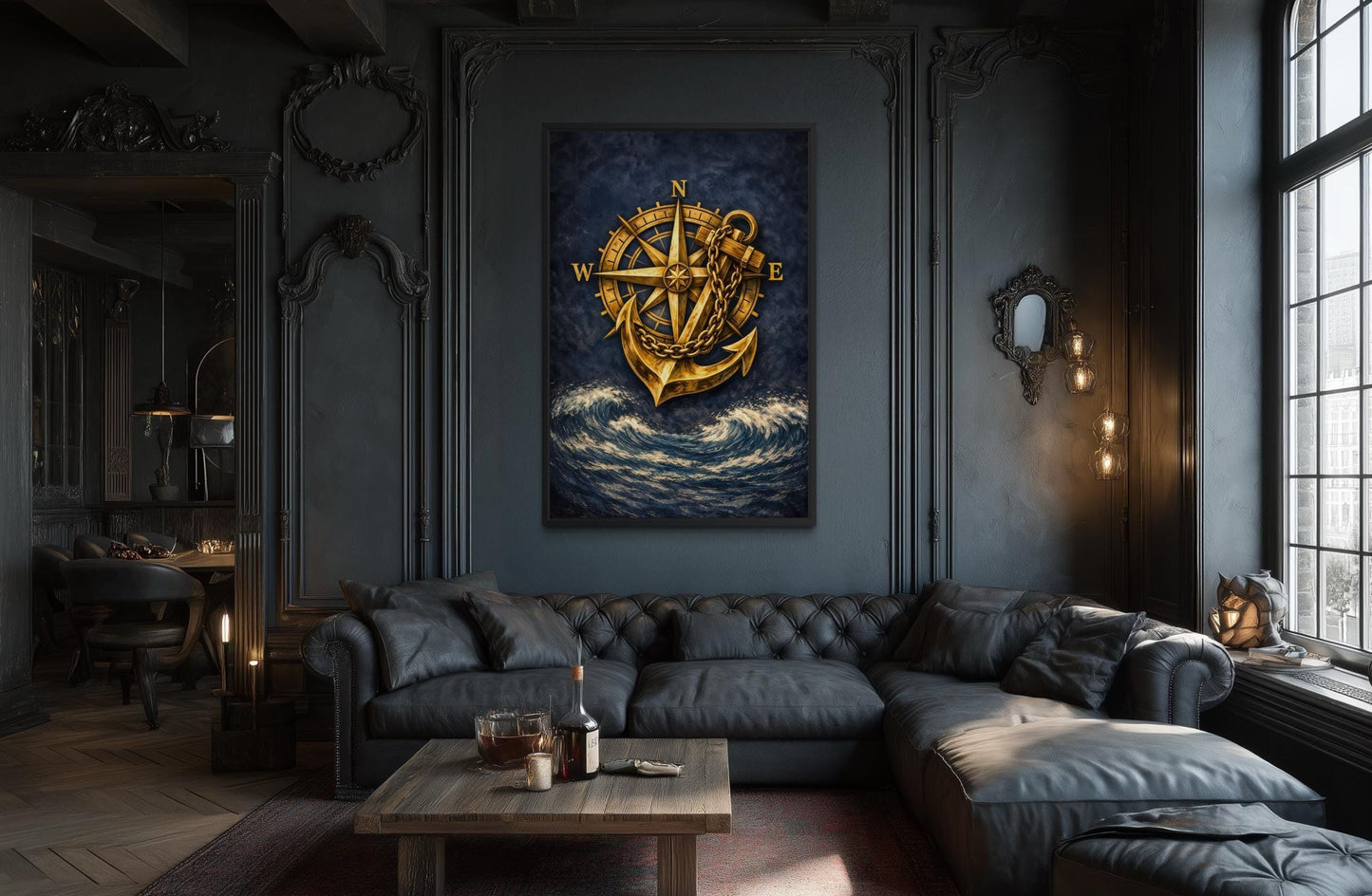Gold Compass And Anchor With Navy Blue Ocean Canvas Wall Art For Nautical Decor