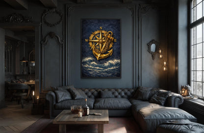 Gold Compass And Anchor With Navy Blue Ocean Canvas Wall Art For Nautical Decor