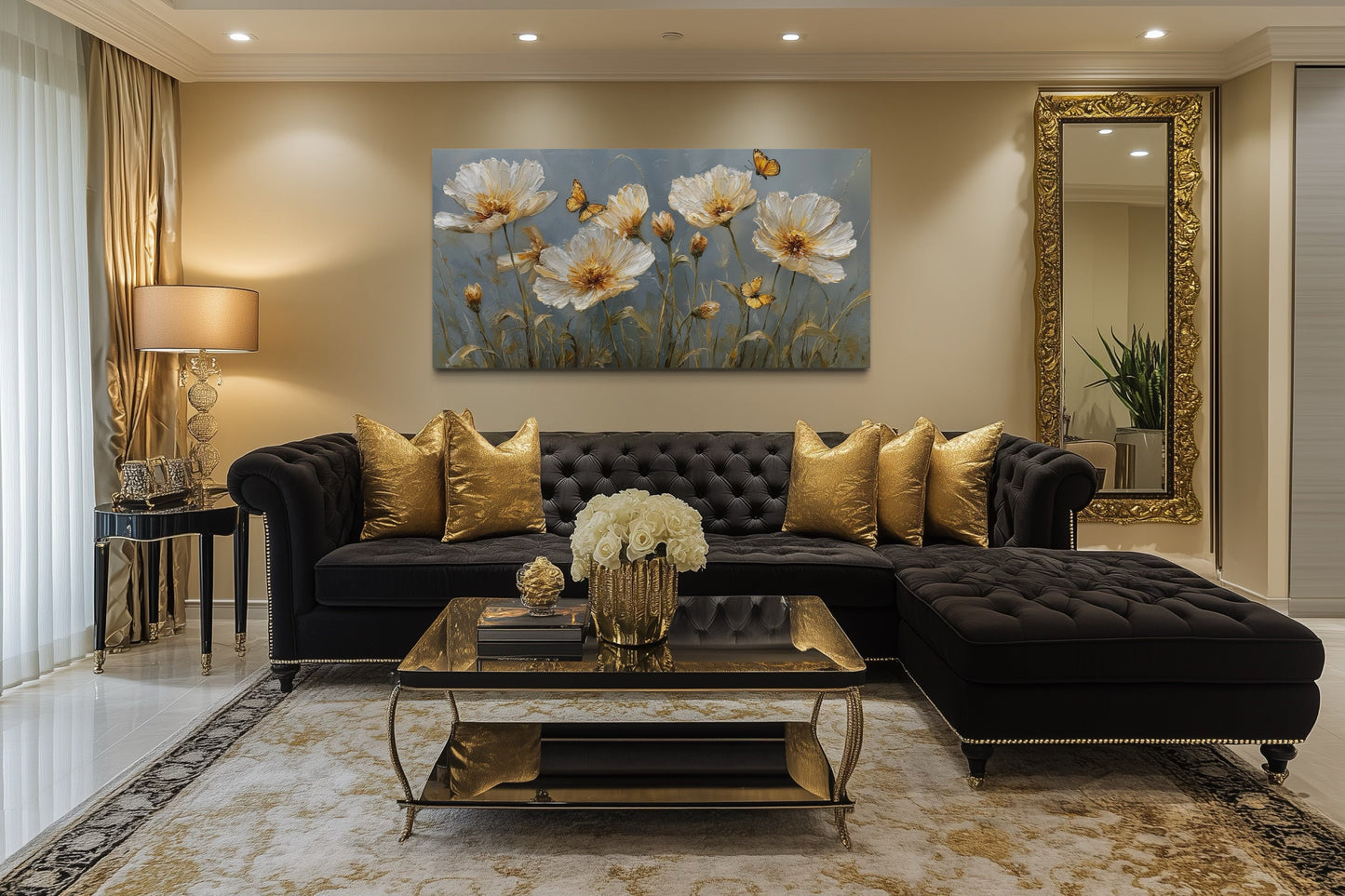 Gold Flowers Wall Art – Framed Floral Print with Butterflies for Living Room Decor