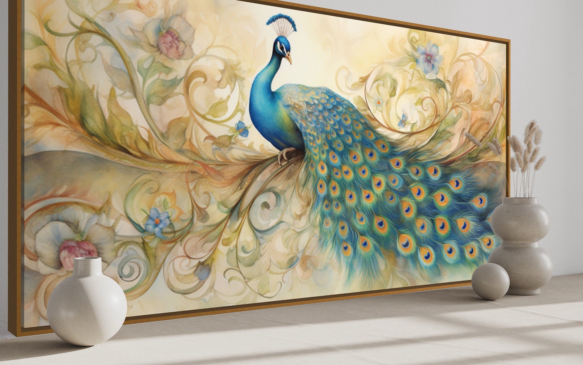 Gold Green Peacock Framed Canvas Wall Art