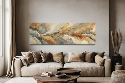 Gold Grey Abstract Long Horizontal Marble Canvas Wall Art