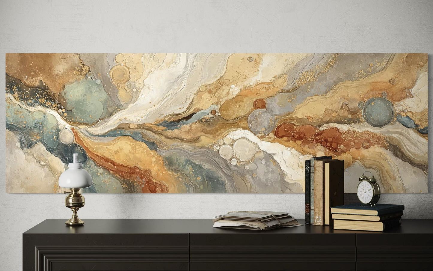 Gold Grey Abstract Long Horizontal Marble Canvas Wall Art