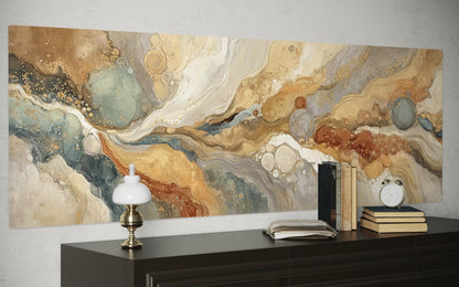 Gold Grey Abstract Long Horizontal Marble Canvas Wall Art
