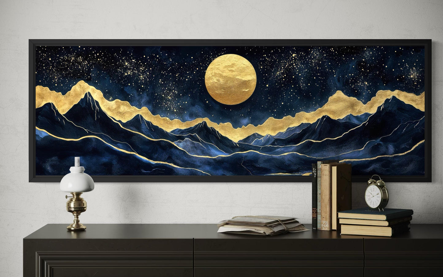 Gold Navy Wall Art | Moon Mountain Landscape Canvas Print - Celestial Decor