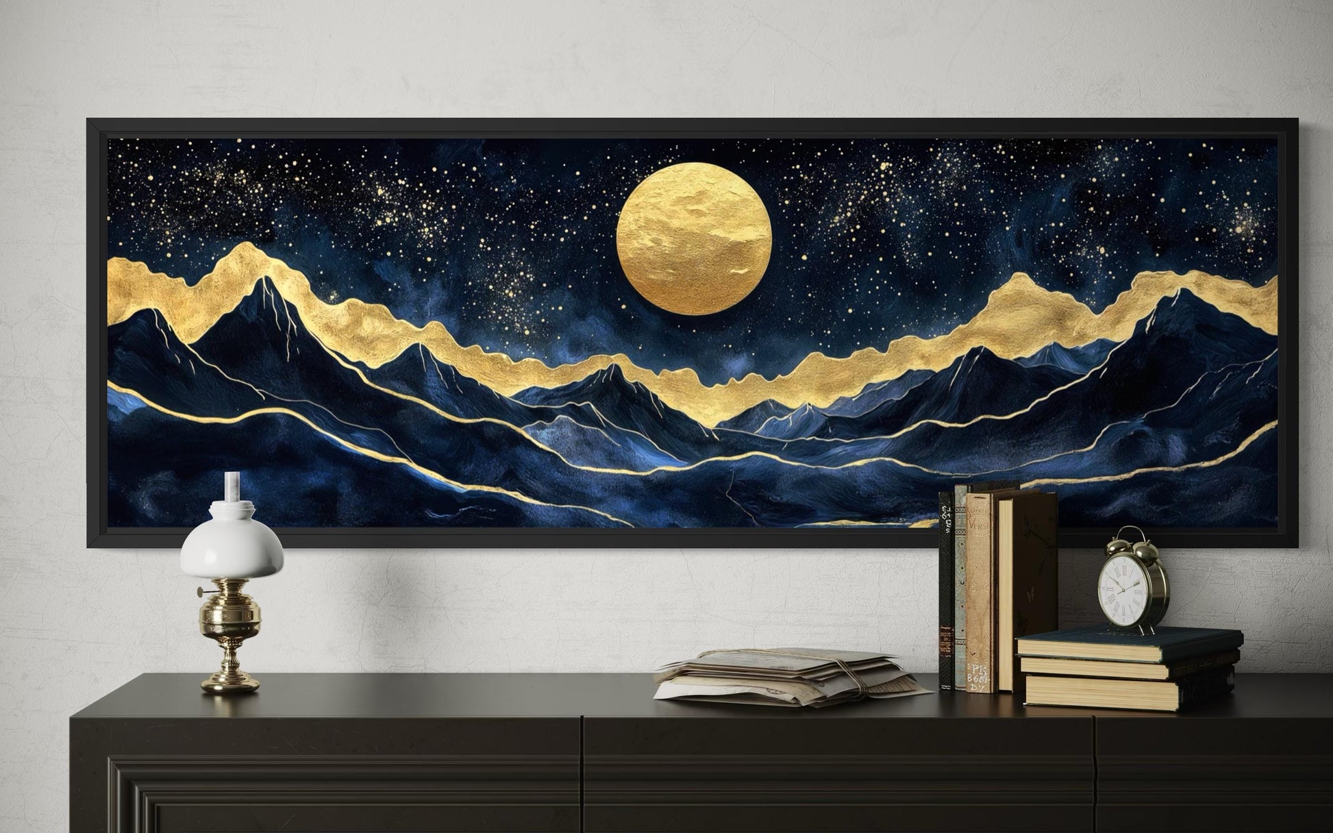 Gold Navy Wall Art | Moon Mountain Landscape Canvas Print - Celestial Decor