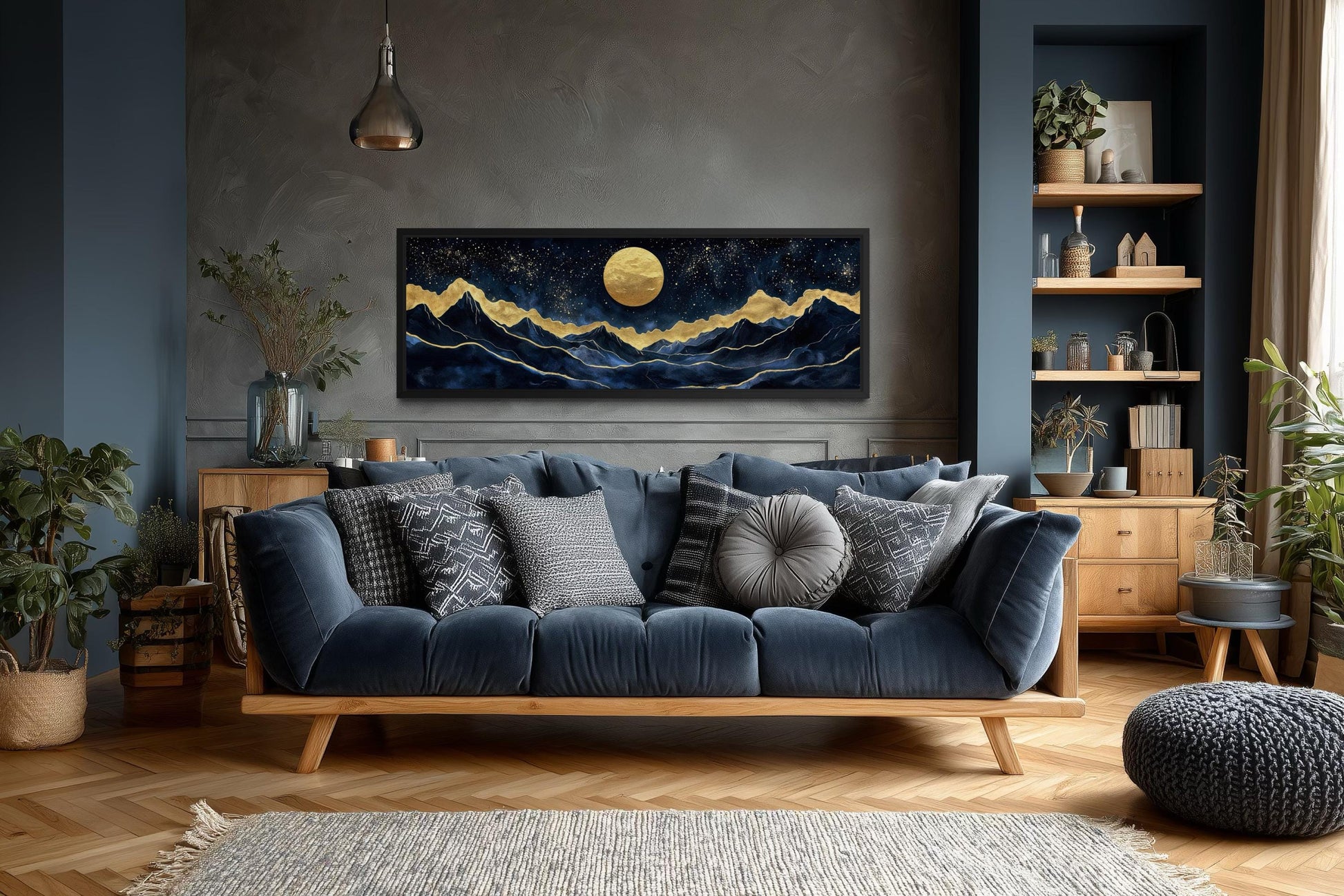 Gold Navy Wall Art | Moon Mountain Landscape Canvas Print - Celestial Decor