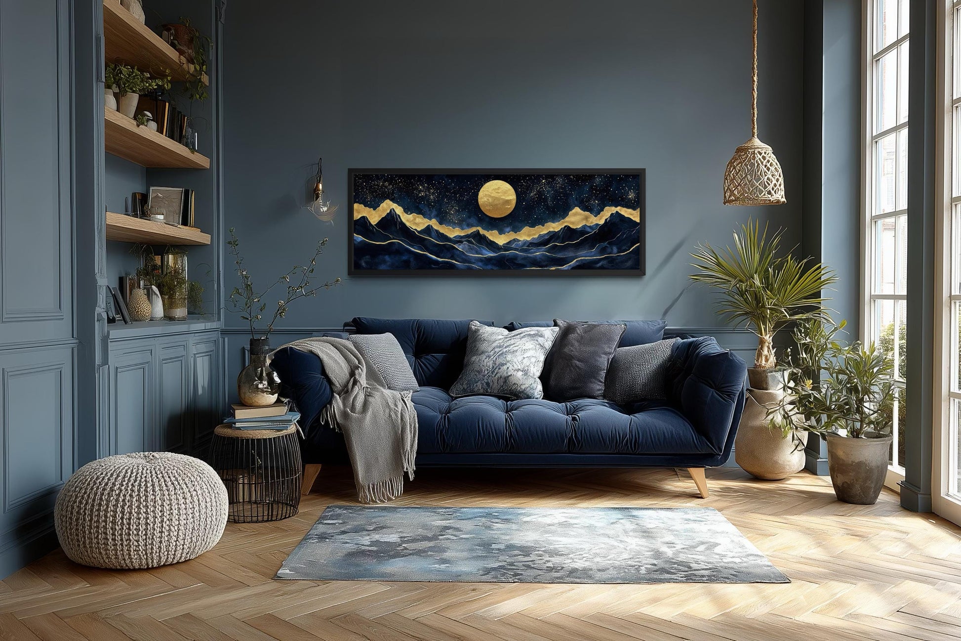 Gold Navy Wall Art | Moon Mountain Landscape Canvas Print - Celestial Decor