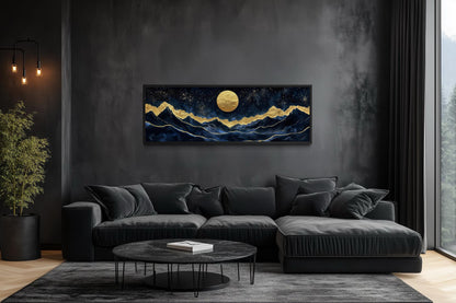 Gold Navy Wall Art | Moon Mountain Landscape Canvas Print - Celestial Decor
